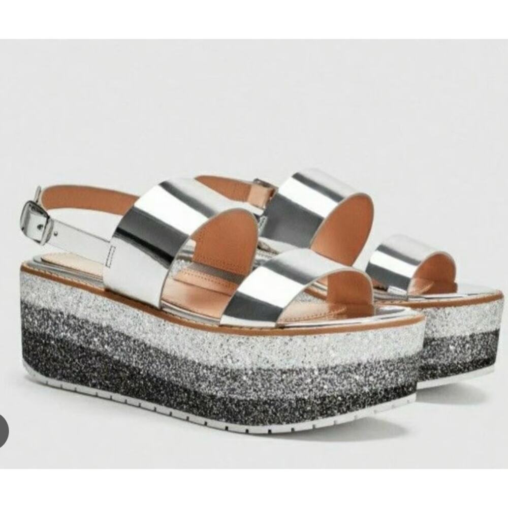 Zara Platform Glitter Wedge Siver Sandals 9